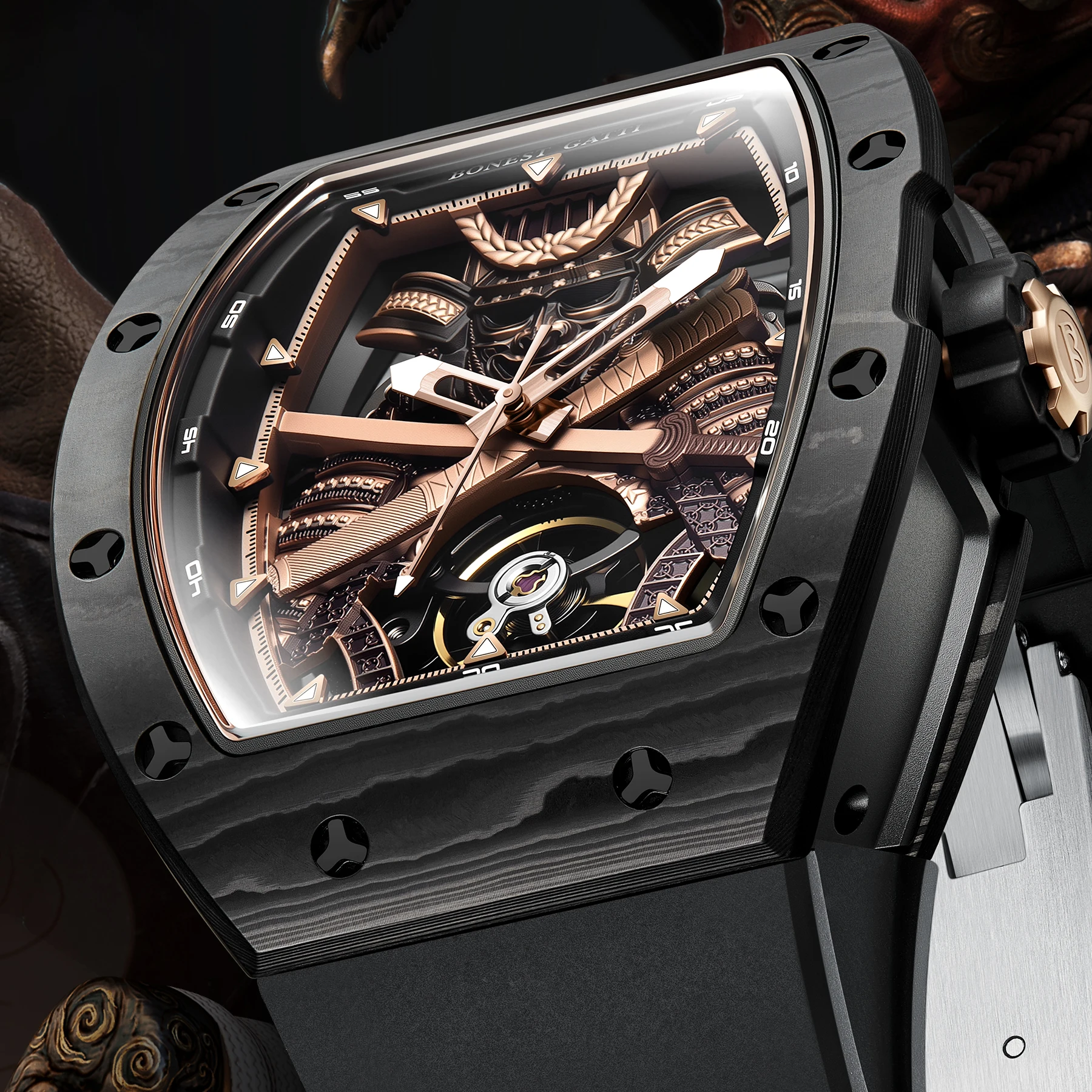 BONEST GATTI ผู้ชายนาฬิกาอัตโนมัติ 42 มม.* 54 มม.Tonneau นาฬิกาข้อมือ Luminous คาร์บอนไฟเบอร์ BEZEL Luminous Skeleton Ninja Dial