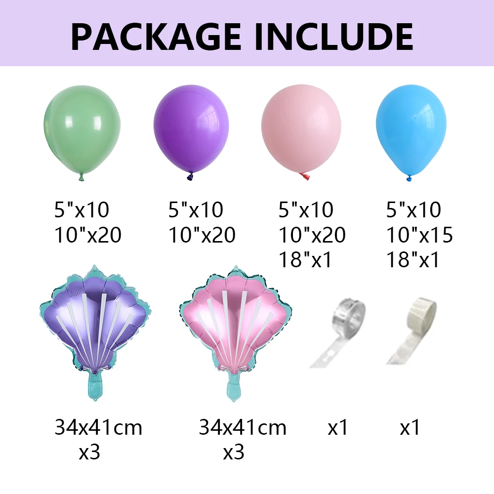 125pcs Mermaid Balloon Garland Kit Pink Purple Blue Latex Balloons Mini Shell Foil Ballon for Girls Mermaid Birthday Party Decor