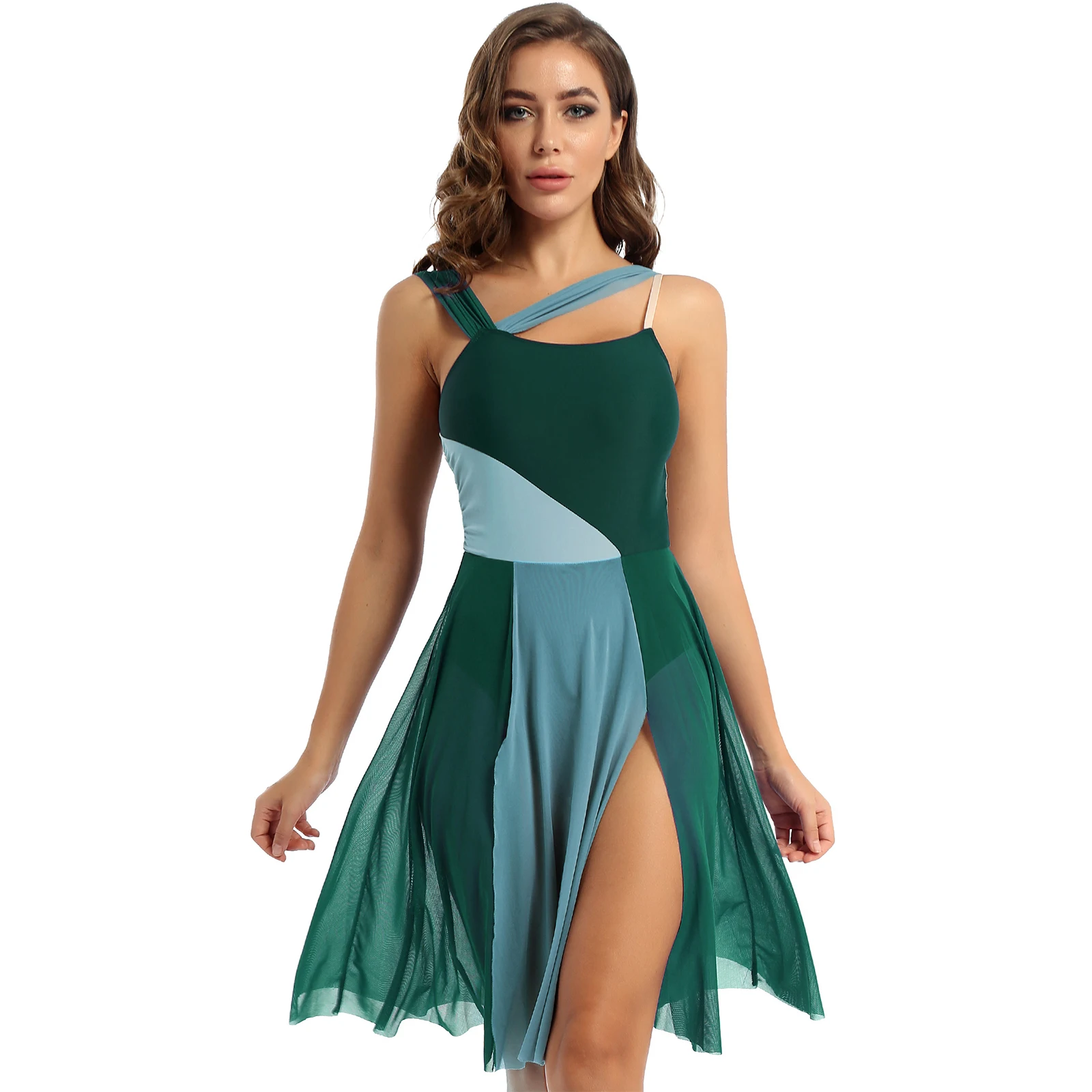 Womens Color Block Sleeveless Ballet Lyrical Dress Sheer Mesh Irregular Hem Dance Dress Modern Contemporary Performance Costume