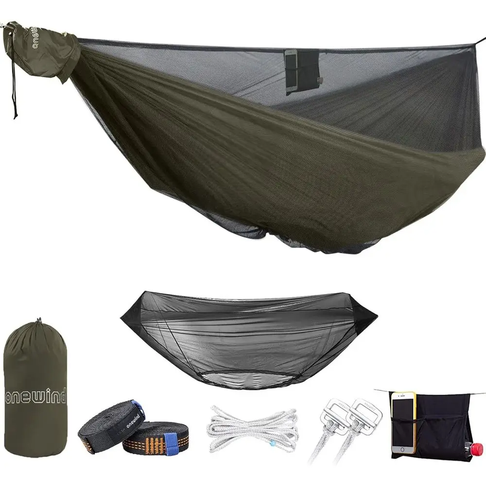 

Double Camping Hammock with Bug Net, Portable Outdoor Hammock for Hiking, Adjustable Tree Straps, OD Green