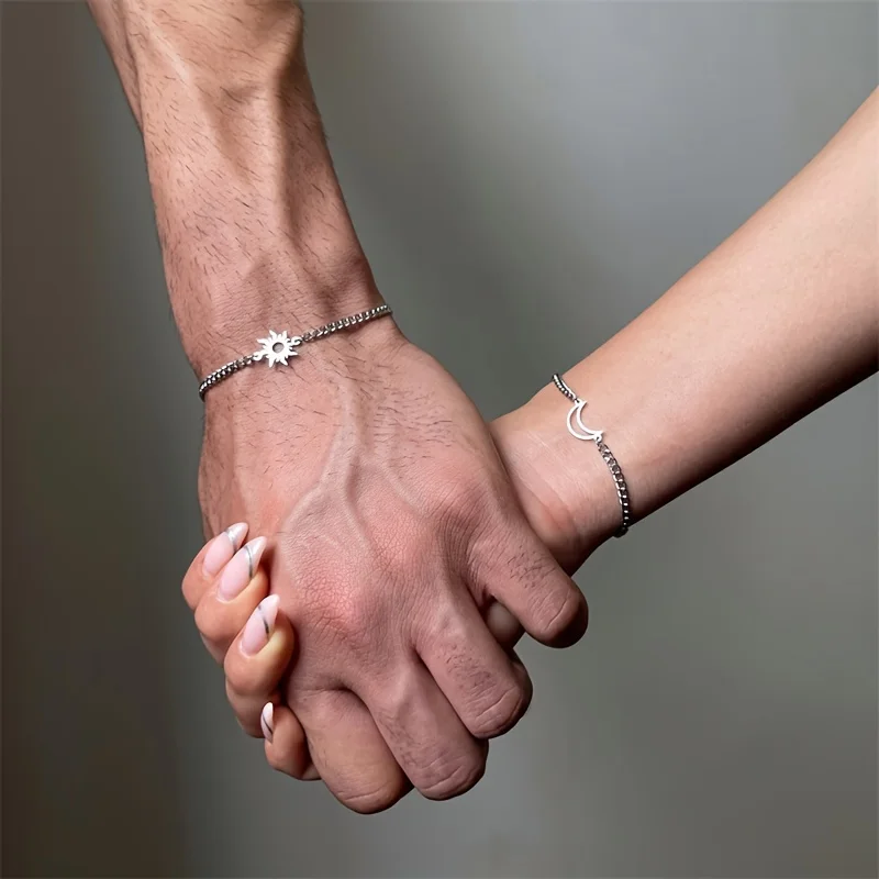 2 pulseras de pareja con dijes de sol y luna, conjunto de joyería unisex de estilo moderno, perfecto para fiestas diarias, regalo para el día de San Valentín