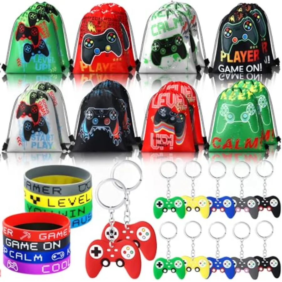 

96 Pcs Video Game Party Favors Bulk 32 Video Game Party Drawstring Bags Gift Bag Video Game Goodie Bag 32 Game Wristband 32 Gam