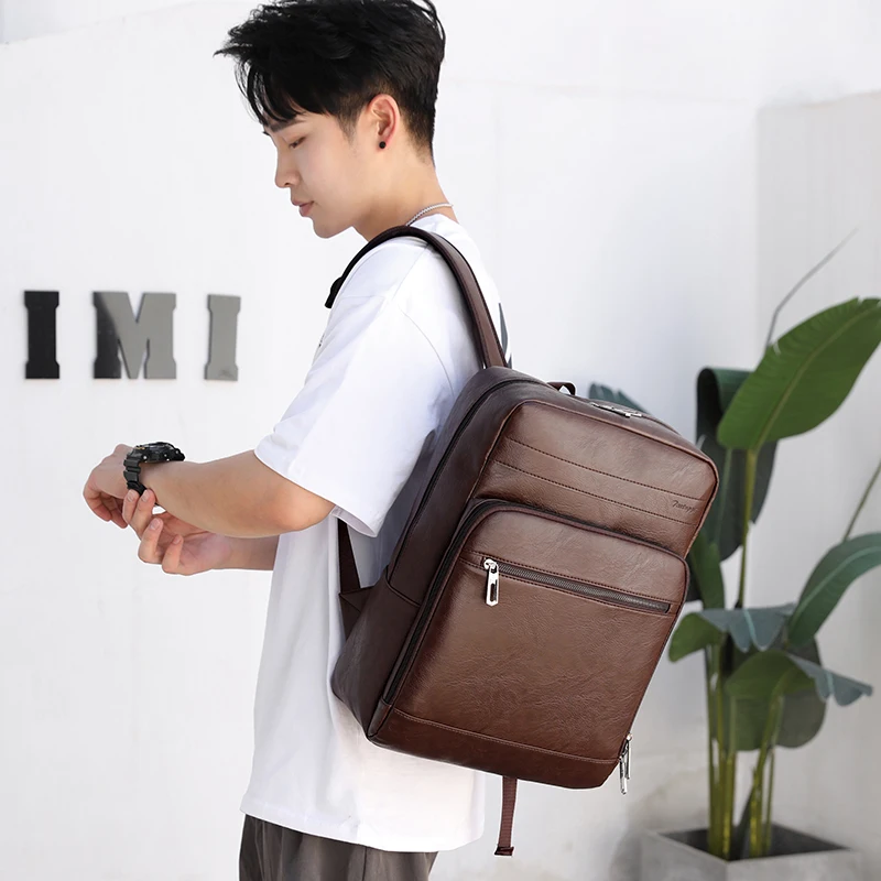 Backpack Men's PU Leather Retro Back Pack Male Multifunctional Business Laptop Bag European American Fashion Student School Bag