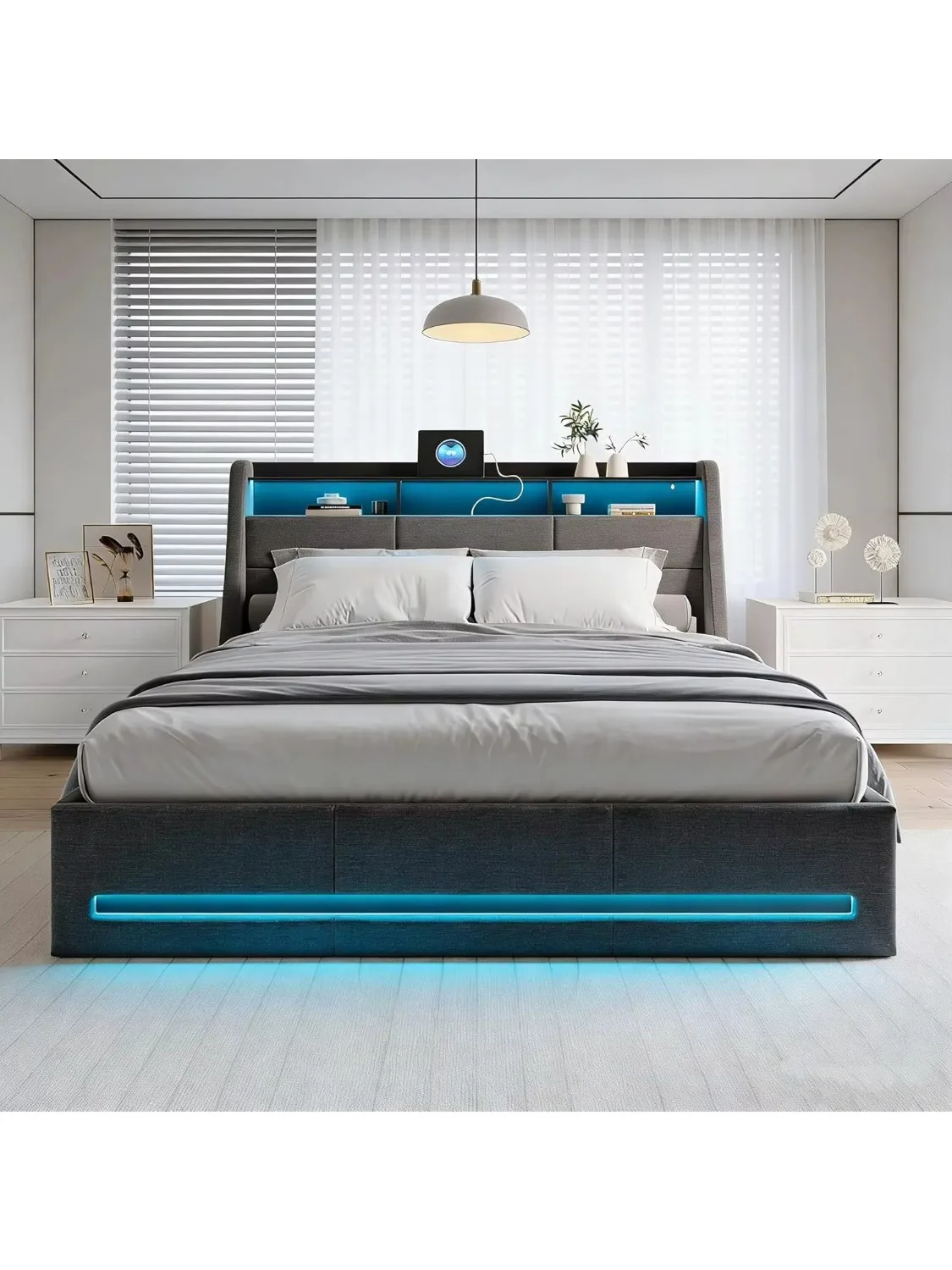 Rosahqnda Polsterbett 140x190cm Doppelbett mit Stauraum im Kopfteil, Jugendbett mit LED und USB, hydraulisches Stauraumbett