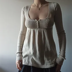 Women Vintage Solid Sweater Top Long Sleeve Button Front Knitted Babydoll Top 00S Retro Y2K Fairy Grunge Aesthetic Knitwear