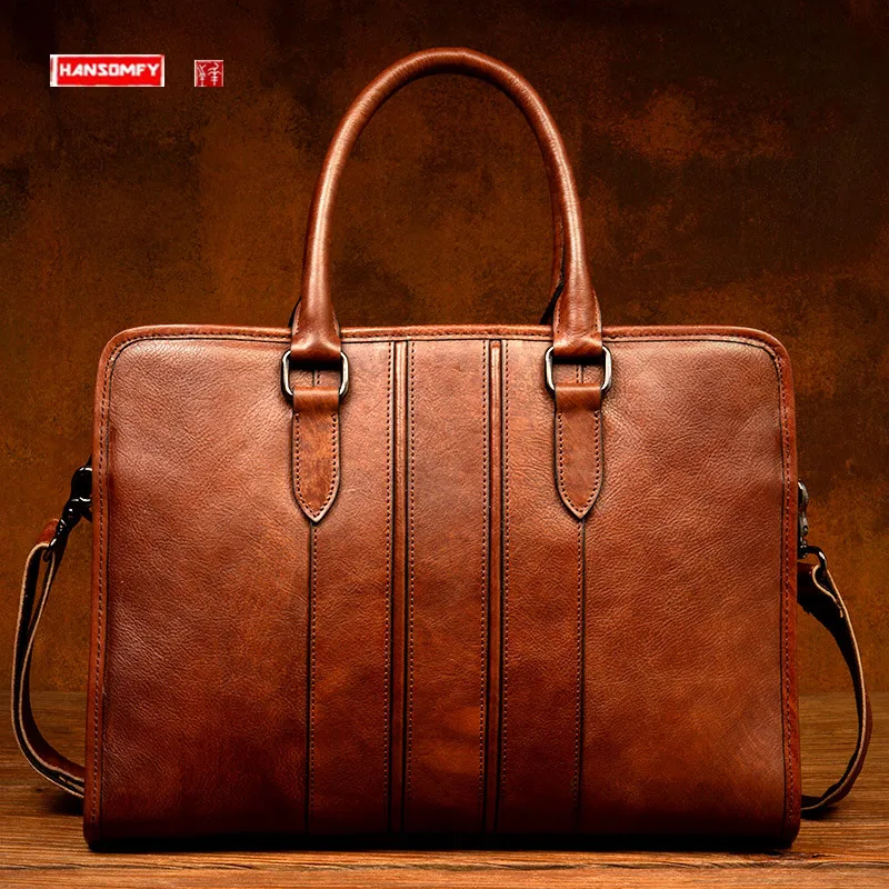 Business Casual Hand Rub Color Leather Handbag Men's Briefcase Top Layer Leather Shoulder Bag Computer Bag