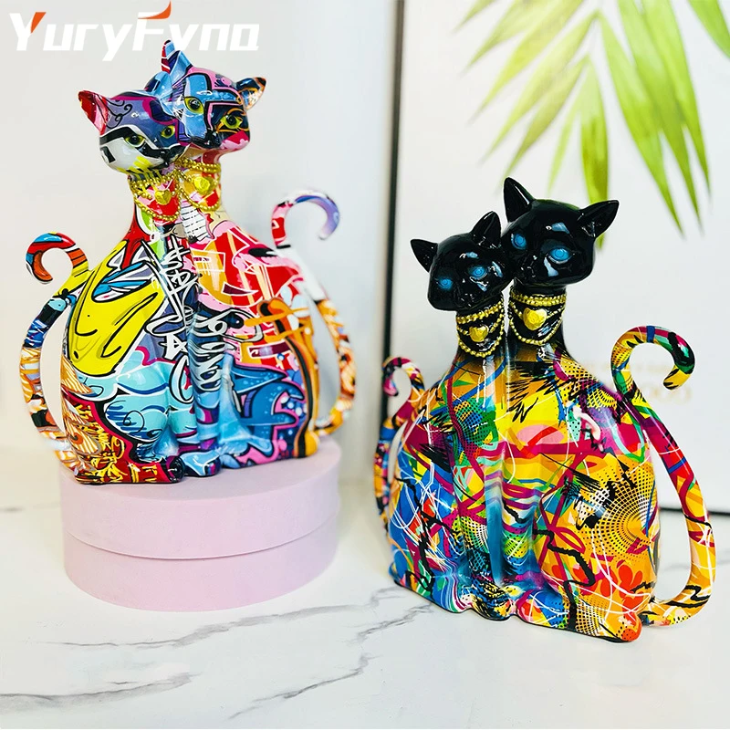 

YuryFvna Cat Couple Sculpture Garffiti Pet Lovers Bookcase Living Room Interior Tabletop Home Decoration Pop Art Statues