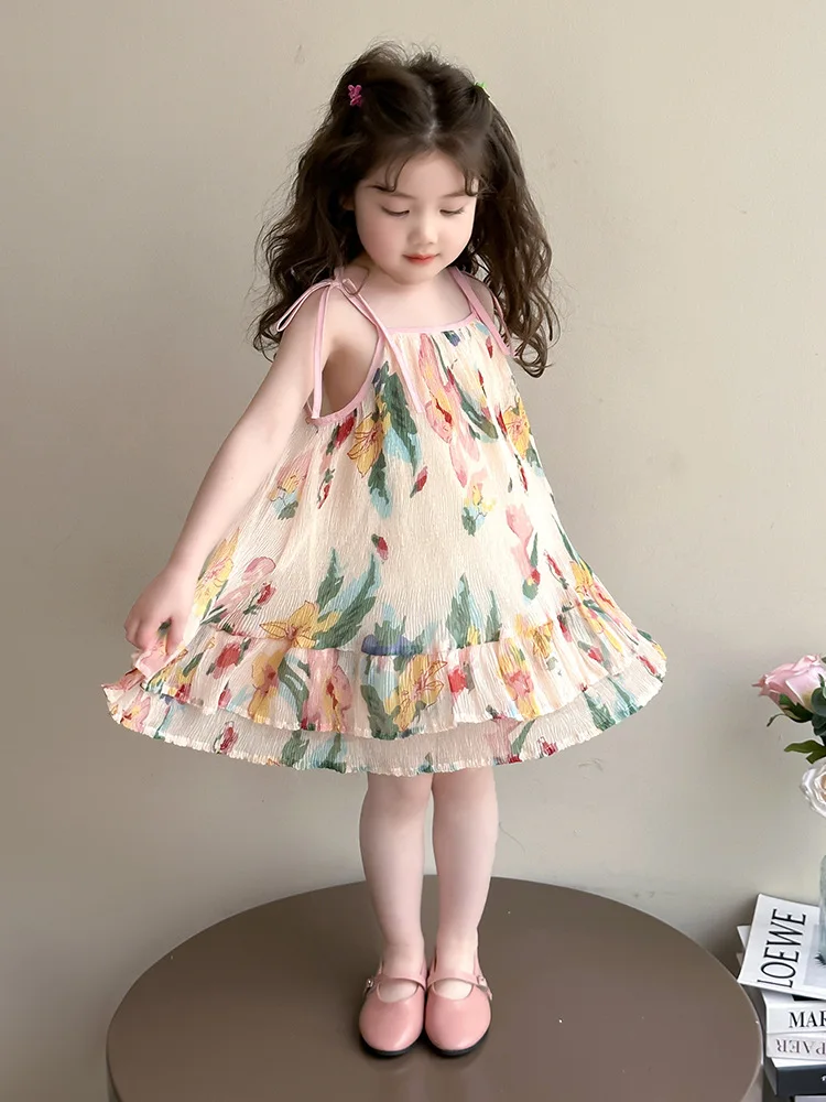 

Summer 2025 New Style Girls' halter Dress, Thin and Fashionable Children's Dress, Sweet Floral Print Dress for Little Girls