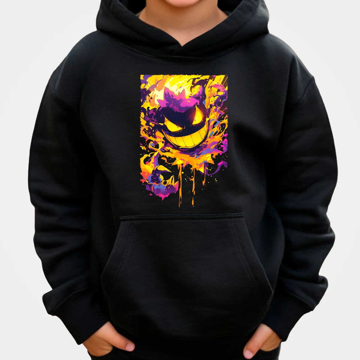 

Хлопковая толстовка с капюшоном Pokemon Anime Gengar, черный цвет, фиолетовый призрак с красочным эффектом брызг, огненная аура, острые зубы, свободная посадка, повседневная