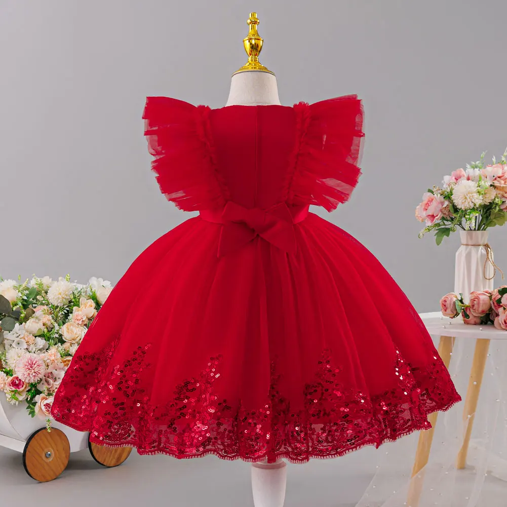 HETISO Little Girl Red Flower Dress New Christmas Kids Princess Fluffy Children's New Year Birthday Hosting Ball Gown Costume