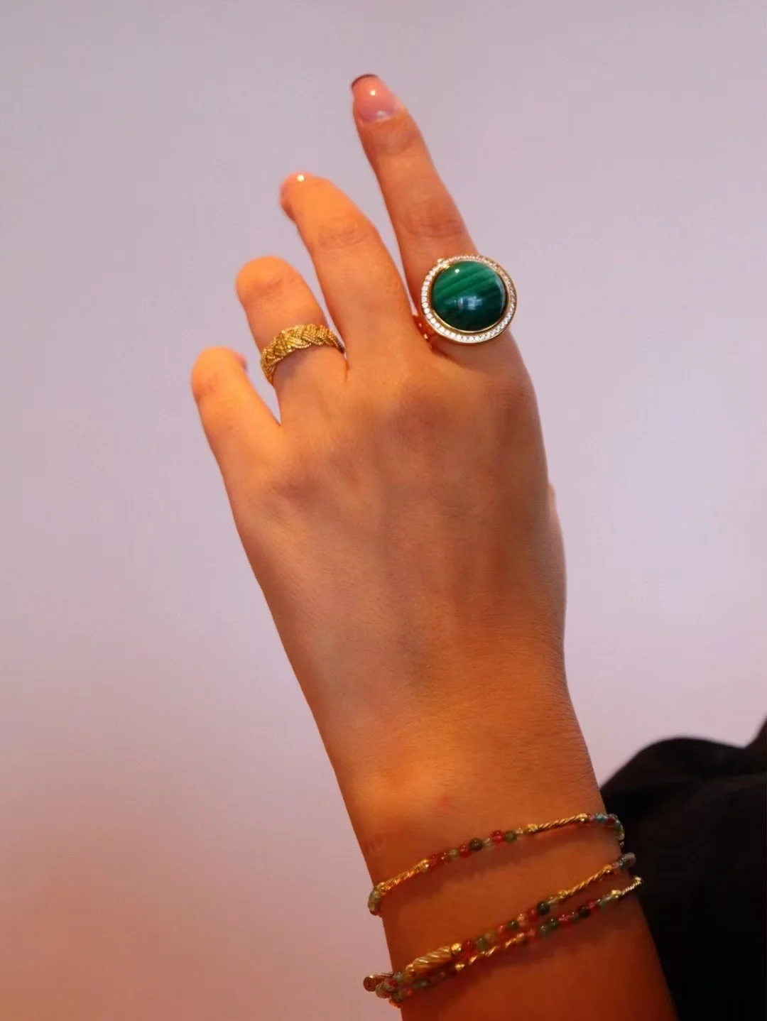 Certificated French Chic 925 Silver Natural Malachite Chunky Ring Solitaire Women Fine Jewelry Semi-precious Stone Chain Bands