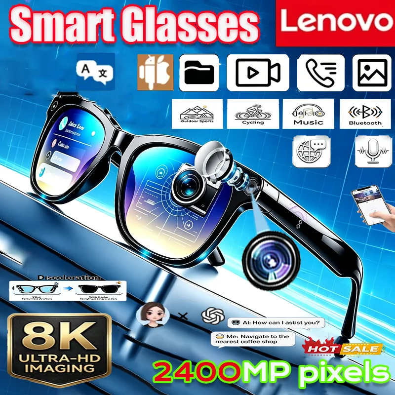 Lenovo 8K Camera 2400MP AI Smart Glasses Hands-Free Calling Translation AI Chat Music Playback Smart Sunglasses Electronics