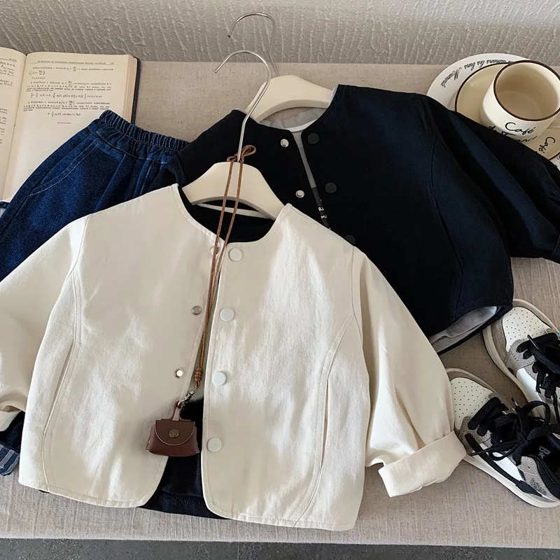 

Japanese Children's Clothing Boys' Jacket Spring and Autumn 2025 Pure Cotton Round Neck Rice White Jacket Boys' Stylish Top