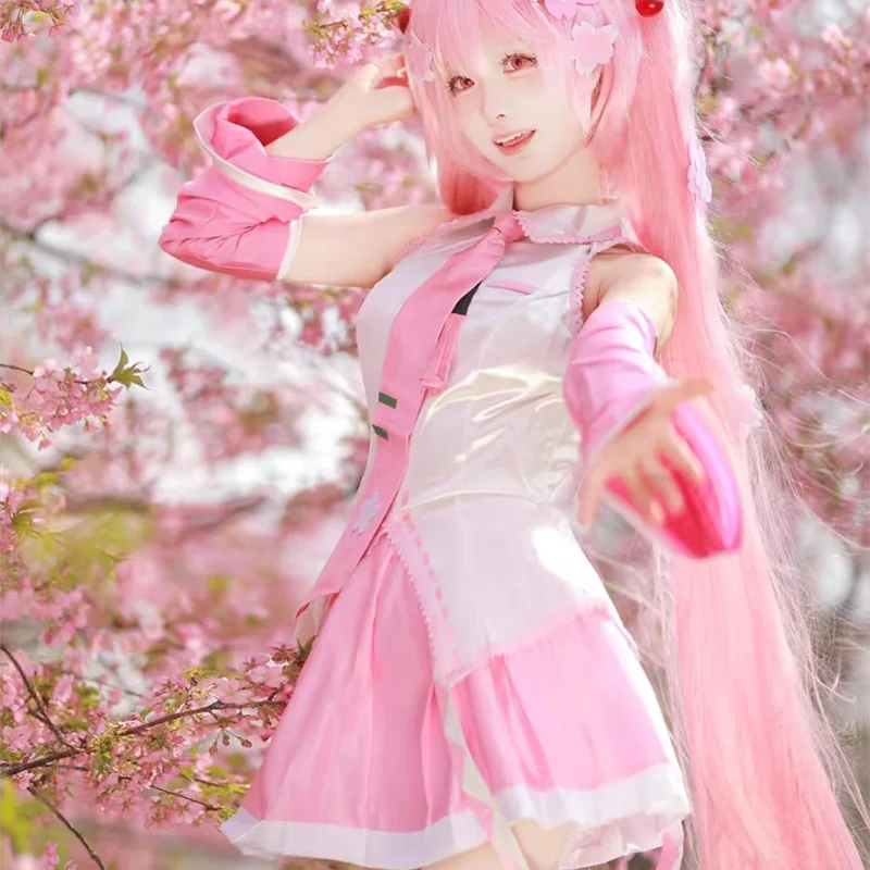 Japanese Virtual Idol Miku Pink Cosplay Costume Performance Uniform Suit Wig Spring Sakura Cherry Party Role Play Dress Up Skirt view 4