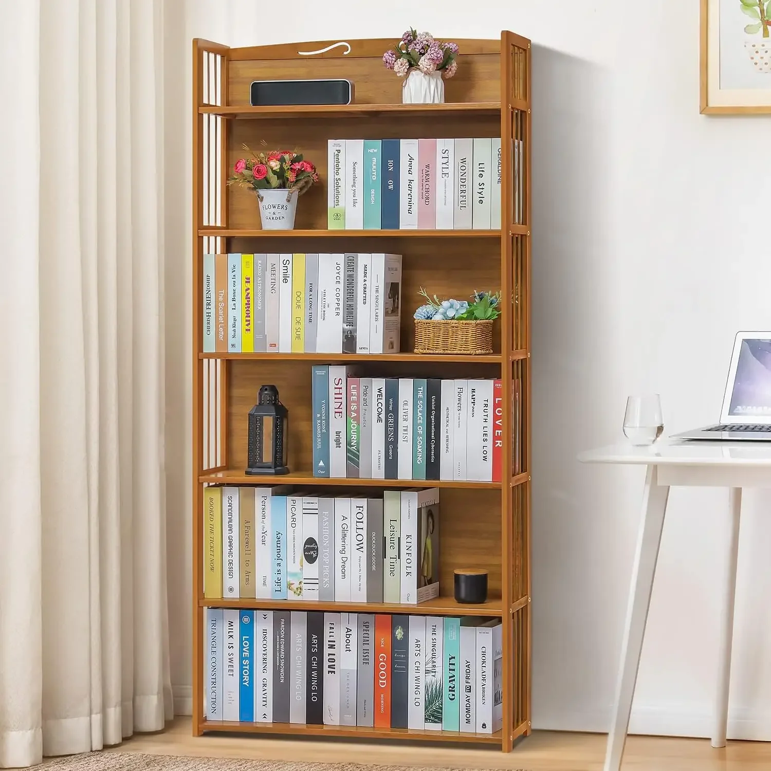 Bamboo Bookshelf, 6-Tier Adjustable Tall Bookcase Rack Organizer Shelving Free Standing Storage for Living Room Study Room