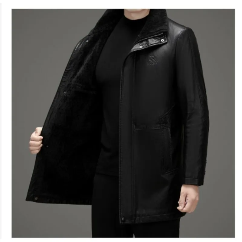 High Quality New Fashion Casual Fur Integrated Leather Coat Winter Men Mid-Length Thickened Wool Liner Warm Sheep Leather Jacket - Image 3