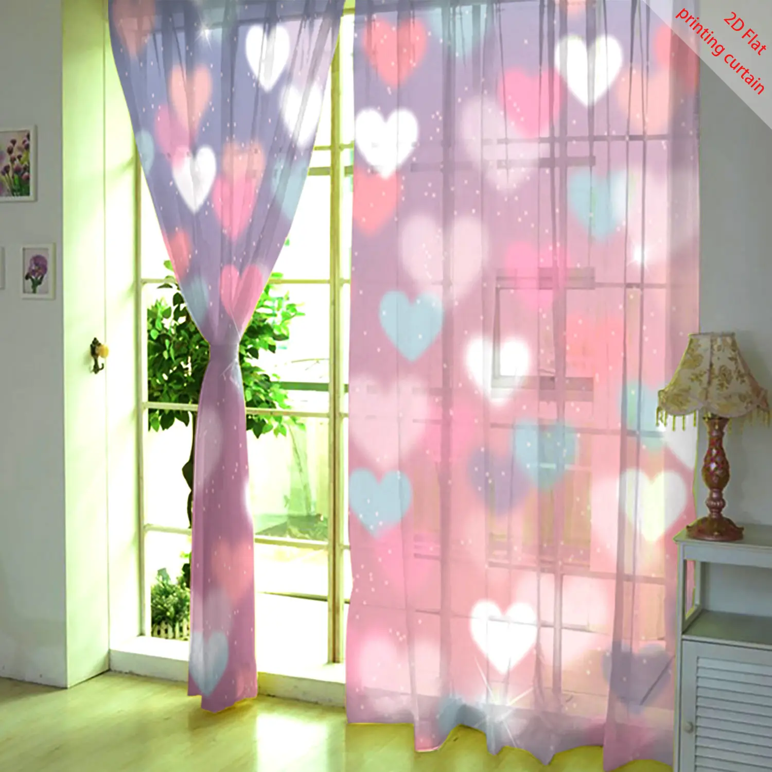 Red heart-shaped printed transparent gauze curtain, home art decoration, bedroom, living room, kitchen, balcony decoration
