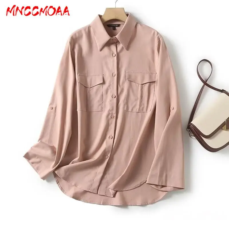 MNCCMOAA-Women's Single Breasted Pockets Shirt, Female Solid Color Casual Loose Blouse, Spring and Summer Tops, Fashion 2024