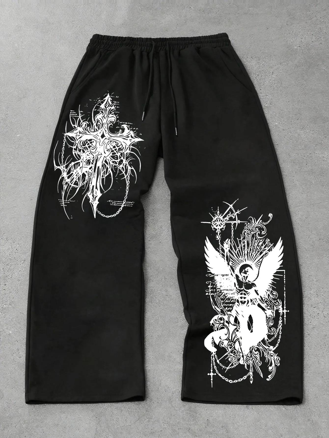 Men's dark style asymmetrical cross print jogging pants, loose straight sports sweatpants, trendy pants
