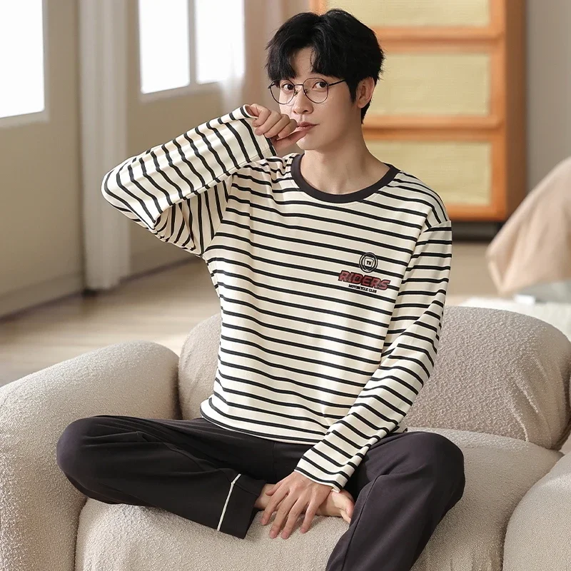 

Striped Cotton Men Spring And Autumn Nightwear O Neck Home Clothes Long Sleeping Top Pant Sleepwear Young Boy Pjs Pyjamas Hombre