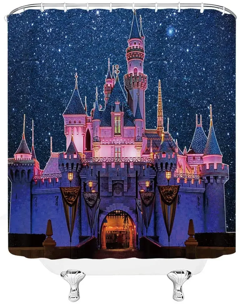 Fantasy Castle Starry Sky Scenery Night View Kids Fairy Tale Bathroom Curtains Set Waterproof Polyester Home Decor