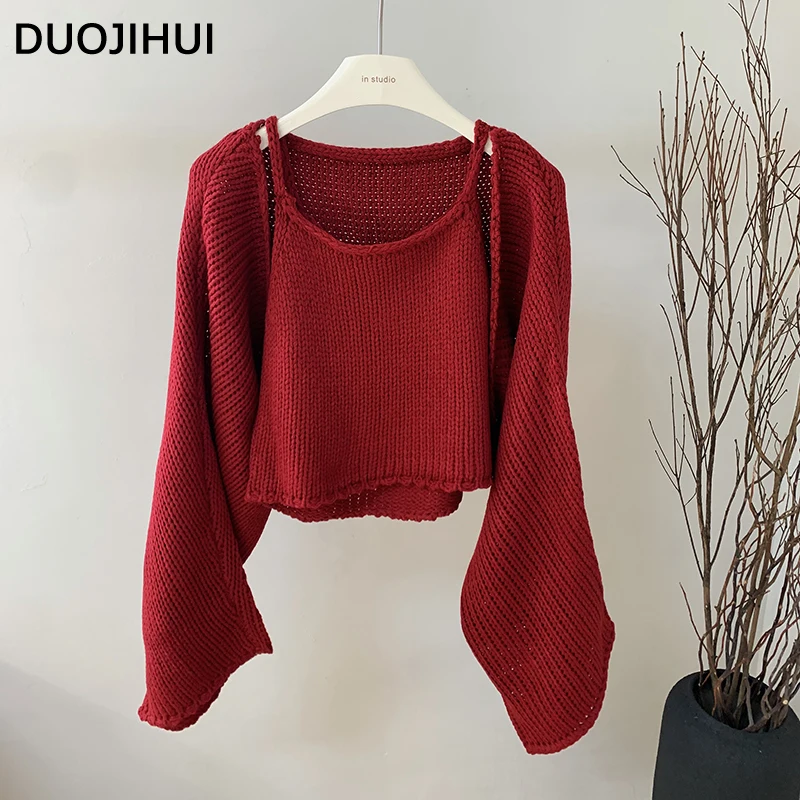 

DUOJIHUI Two Piece Autumn Basic Loose Knit Female Cardigans New Sexy Camisole Fashion Long Sleeve Simple Sweater Women Cardigan