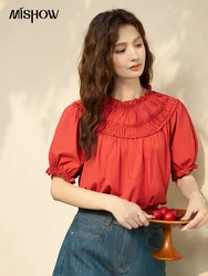 MISHOW French 100 Cotton Bubble Sleeves Blouses for Women 2024 Summer Sweet Short Sleeve Solid Lace Collar Short Top MXD23X1500