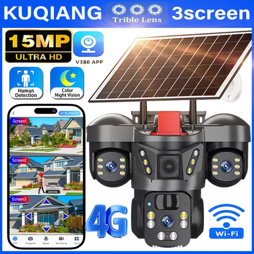Imagen 1 del producto Cámara Solar 4G Sim de 15MP, vigilancia WiFi para exteriores, CCTV inalámbrico, 3 lentes, 3 pantallas, visión nocturna PIR, cámara de seguridad de seguimiento automático