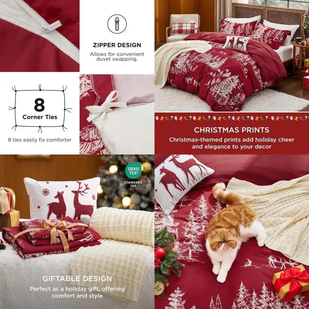 

Queen Size Red Forest Christmas Duvet Cover Set, 5-Piece Bedding with 2 Shams, Throw, and Decorative Pillow