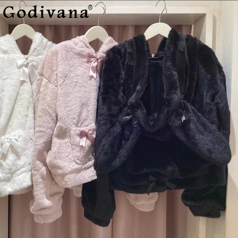 

Японский стиль, милое милое короткое пальто в стиле Лолиты из искусственного меха с кроличьими ушками, зимние женские мягкие плюшевые кавайные куртки с кошачьими ушками
