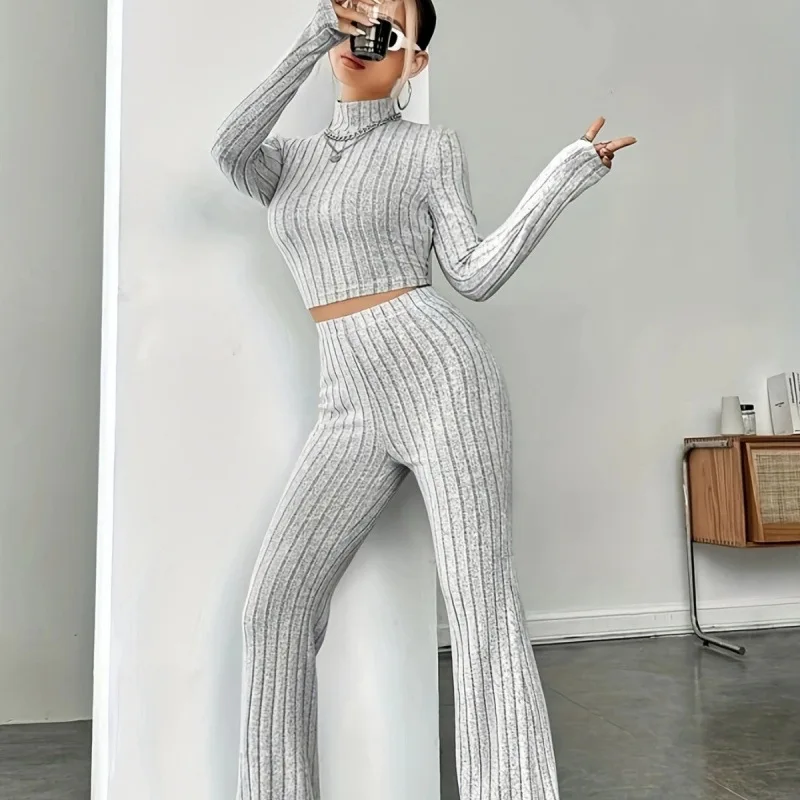 Factory Direct Sales 2026 Tight Fashion Solid Color Pit Strip Women's Suit Long-sleeved Knitted Sweater European And American Bo