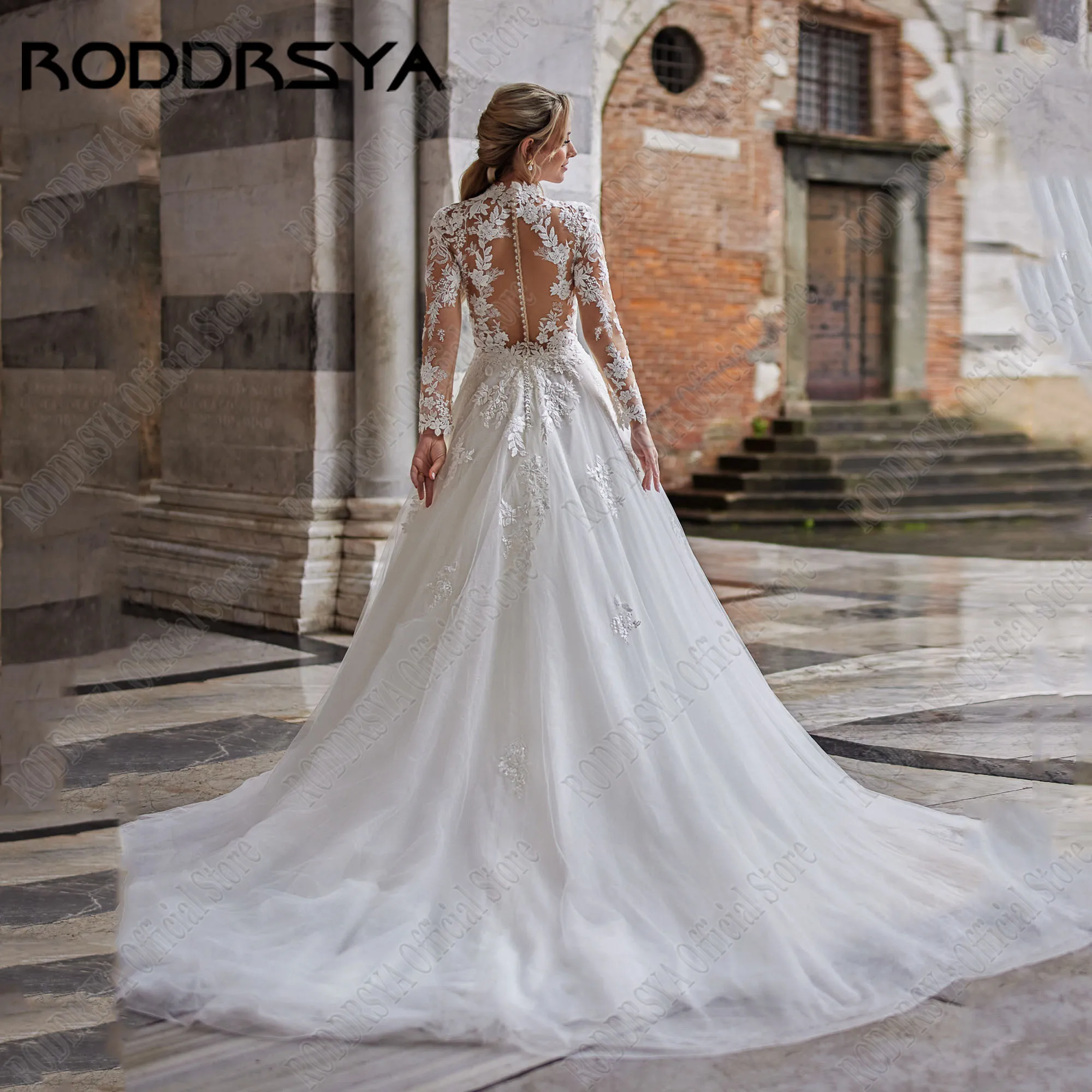 RODDRSYA-vestido de novia elegante con cuello redondo, manga larga, ilusión trasera, personalizado, Apliques de encajeVestido de novia de cuello redondo elegante roddsya vestido de novia de manga larga fantasma de espa