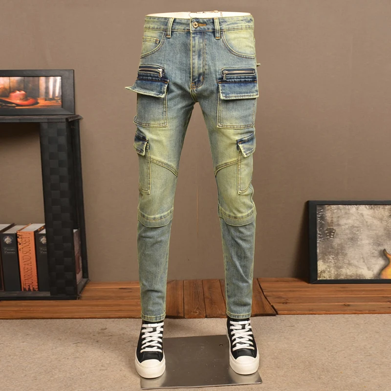 

Street Fashion Men Jeans Retro Washed Blue Stretch Slim Fit Spliced Designer Biker Jeans Multi Pockets Hip Hop Denim Cargo Pants