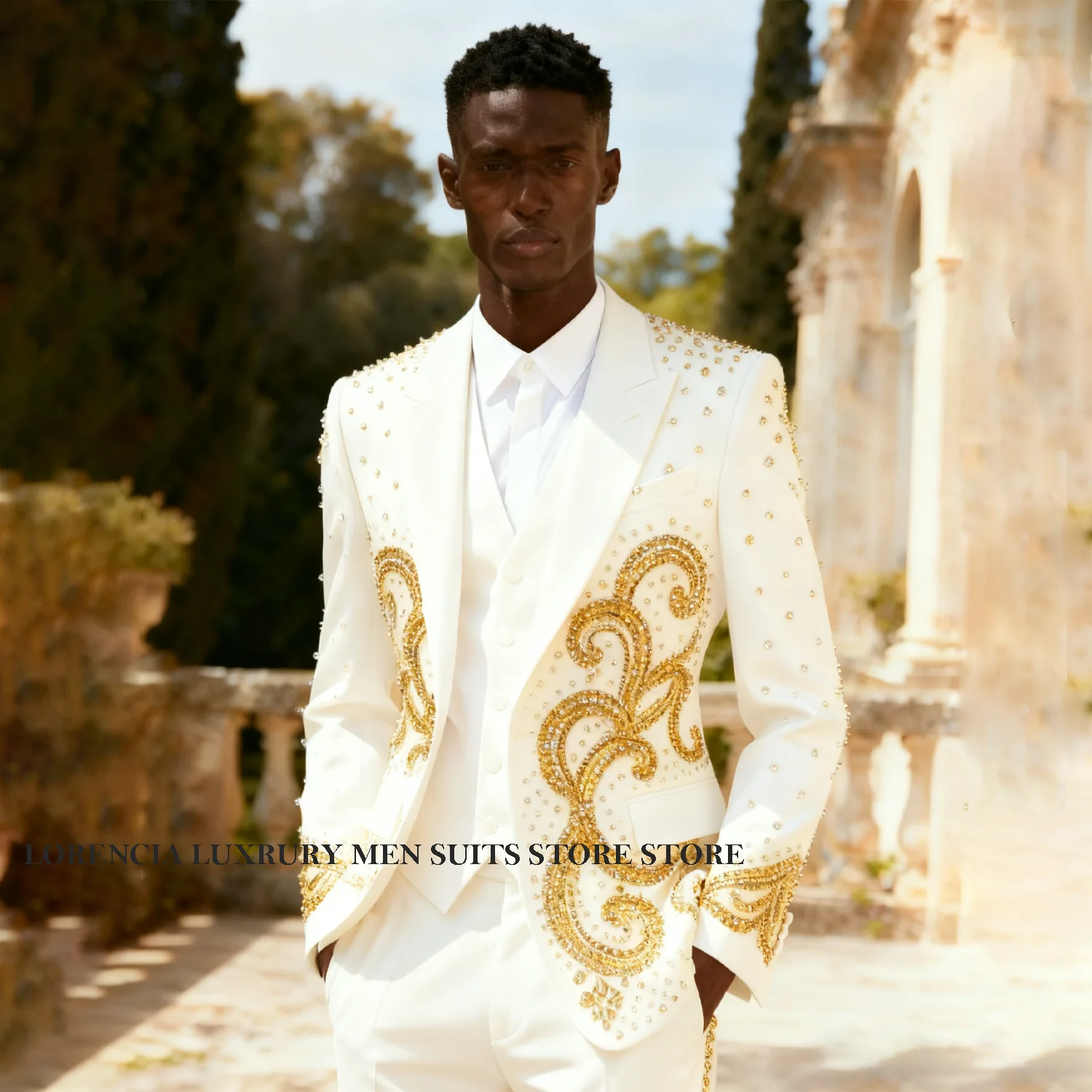 بدلات رجالية وسيم عالية الجودة مرصعة بأحجار الراين مطرزة للعريس مخصصة من 3 قطع مجموعات البدلات الرسمية الماسية للرجال للحفلات الراقصة سترة Ropa Hombre