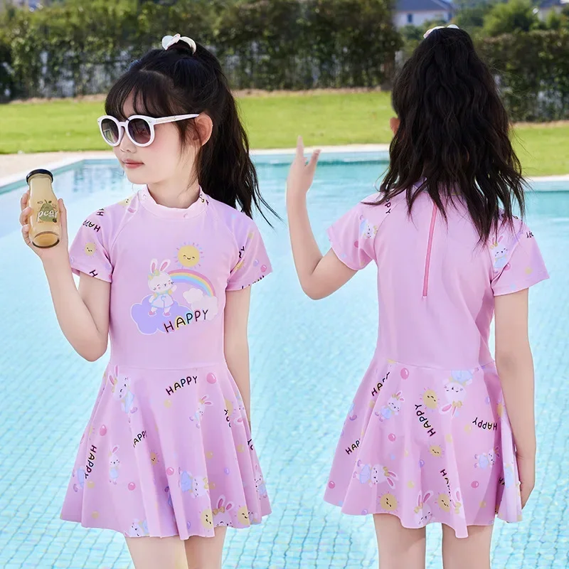 Cartoon Swimsuit for Kids, Long Ears, Rainbow Rabbit Swimwear,  Pink One-piece Swim Dress 4-12 Years Old, New, 2024