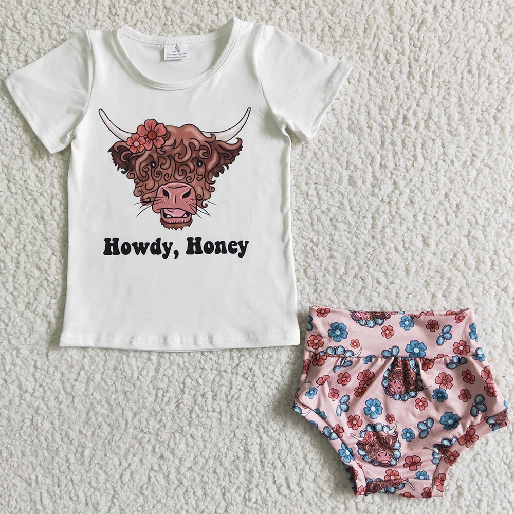 

Hot Sale Baby Girls Summer Clothes Bummies Set Cow Print Short Sleeve Shorts Sets Boutique Kids Clothes Girls Boutique Bummies