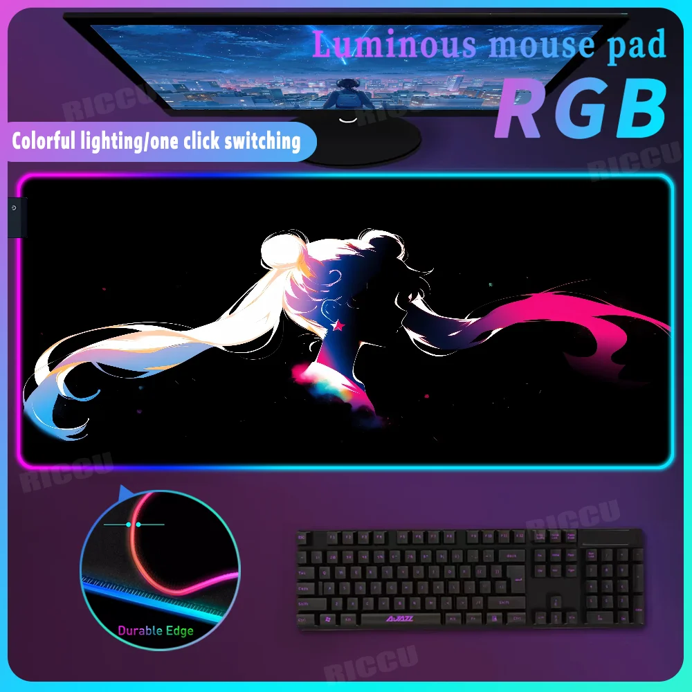 Imagem -03 - Rgb Sailor Moon Glow Colorido Led Light Mat Iluminação Mousepad Acessórios de Teclado Mecânico Tapete de Tabela Kawaii Mouse Pad Escuro Xxl