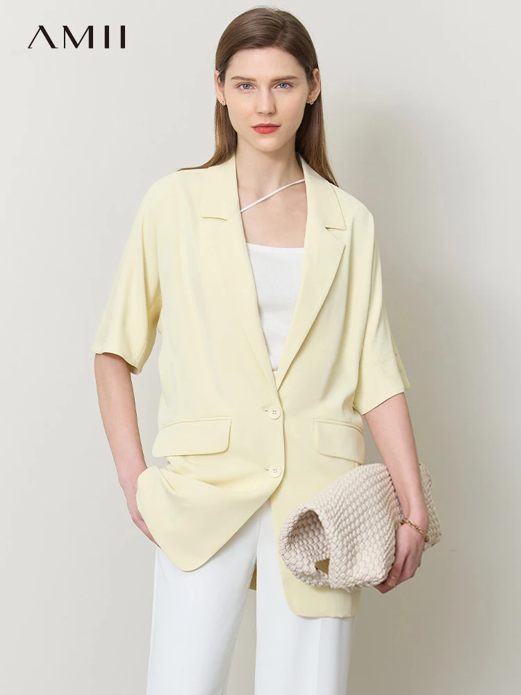 AMII Minimalism 2023 Summer New Blazer for Women Long Women's Jacket Loose Solid Chic Elegant Short Sleeves Female Tops 12342446