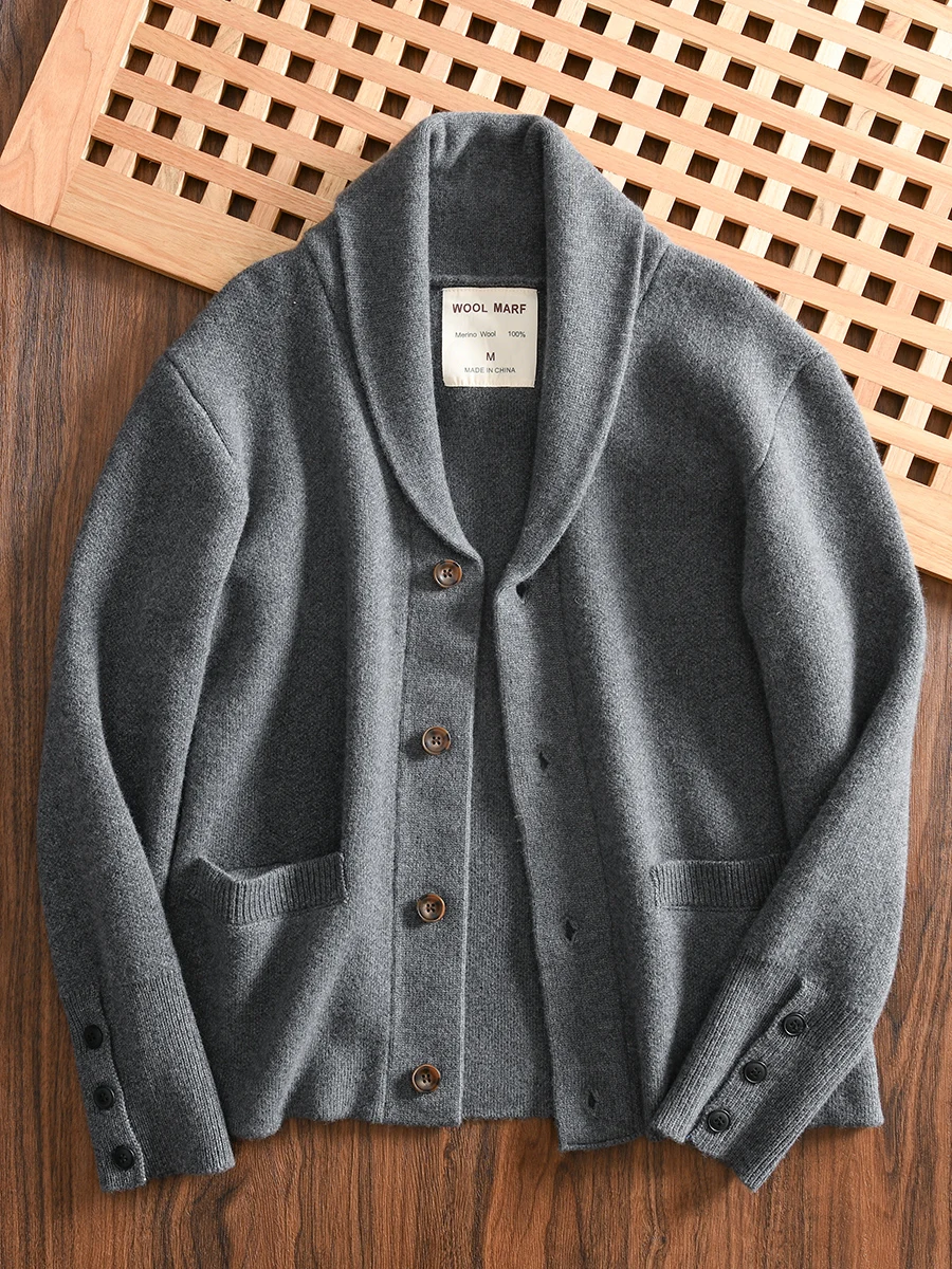 100% Merino Wool Men's Knit Cardigan with Shawl Collar Premium Autumn/Winter Sweater Jacket 2025 Autumn Winter