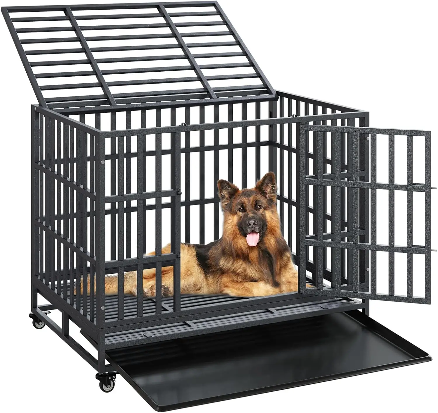 

37'' Heavy Duty Dog Crate Metal Indestructible Dog Cage, Escape Proof Dog Kennel with Lockable Wheels, Removable