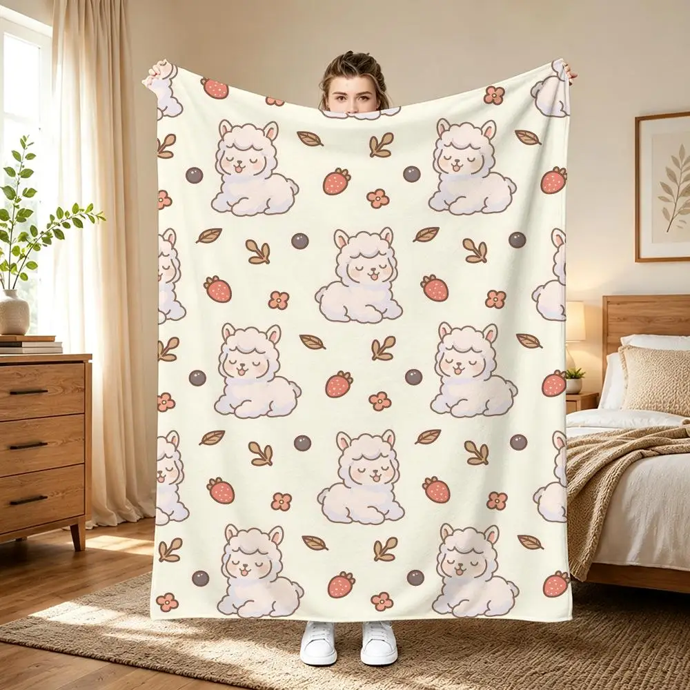 Cute Alpaca Cartoon Pattern Throw Lightweight 240g Flannel Blanket Soft Skin-friendly for Summer Cooling