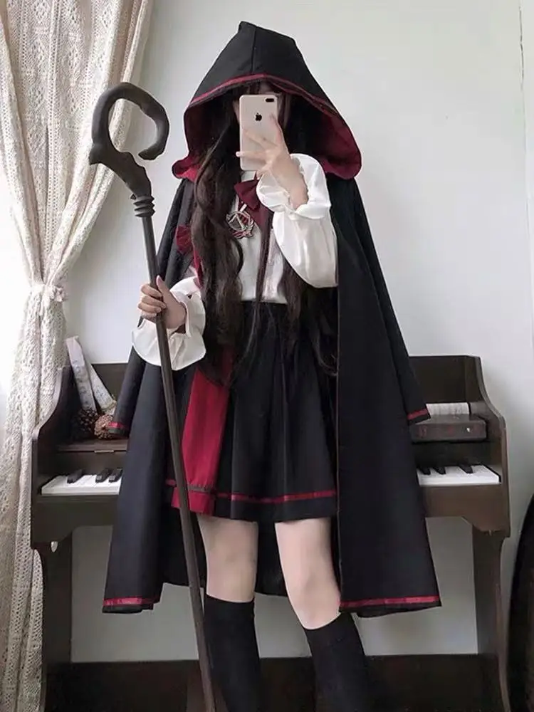 

Halloween Magic School Costume Set Women's Short Skirt Cloak Outfit Cute Style JK Uniform Cosplay Clothes High Waist Long Sleeve