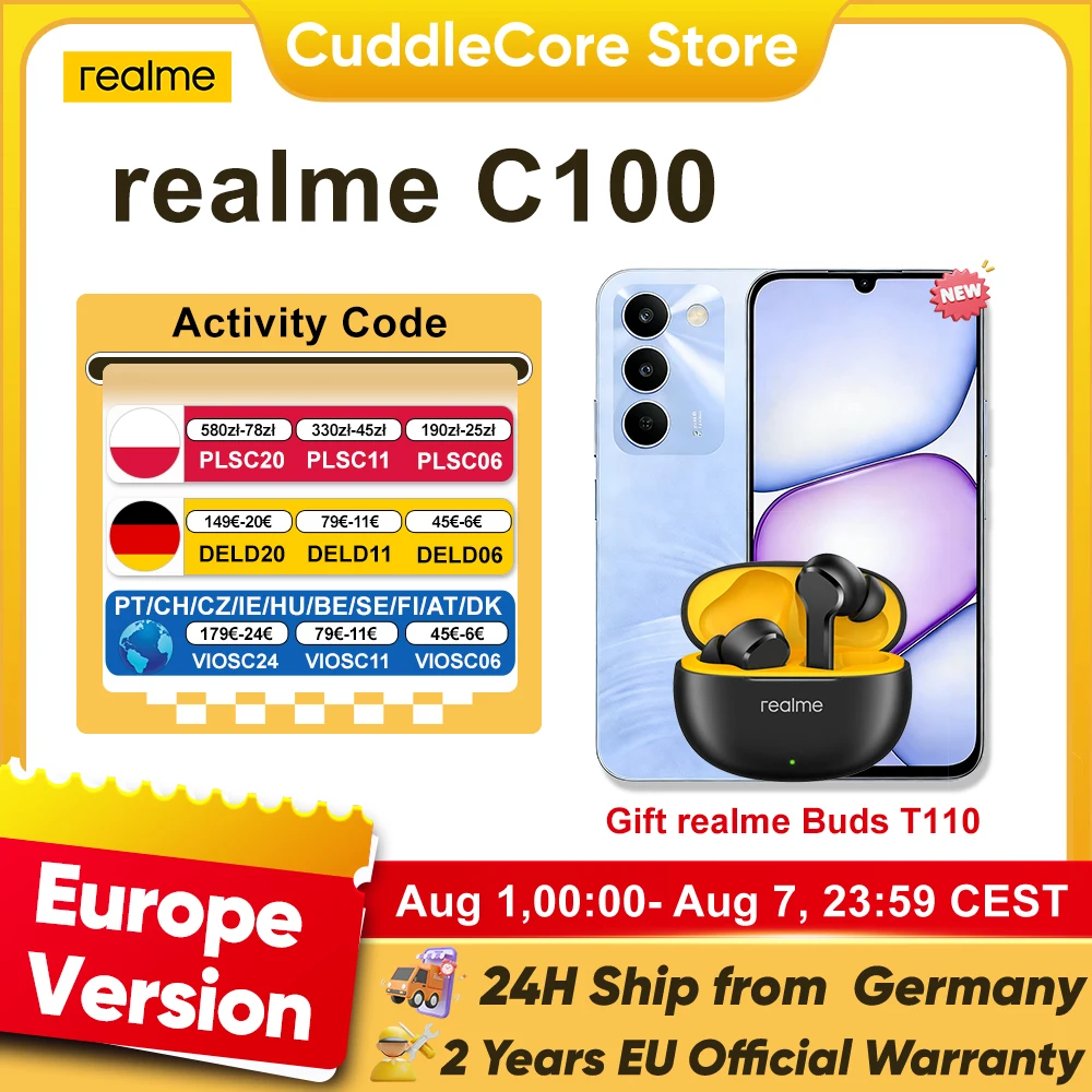 Première mondiale du smartphone realme C100 5G, version européenne 2026, nouveau processeur MediaTek Dimensity 6300, écran 6,8'' 144Hz, batterie 6600mAh, charge 45W, appareil photo IA 50MP