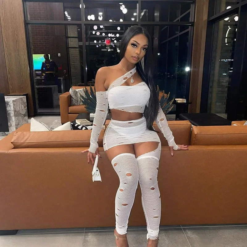 Women Sexy Hollow Mesh 2 Piece Set Trend Coquette Off Shoulder Long Sleeve Tank Crop Tops + Cut Out Leggings Matching Club Suits