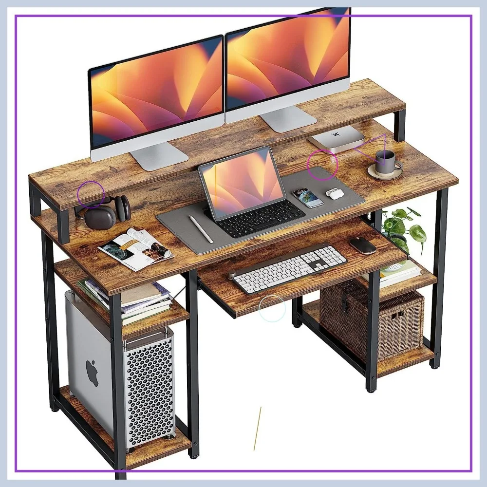 

47 Inch Computer Desk with Keyboard Tray, Monitor Stand and Storage Shelves, Rustic Brown Office Workstation for Home