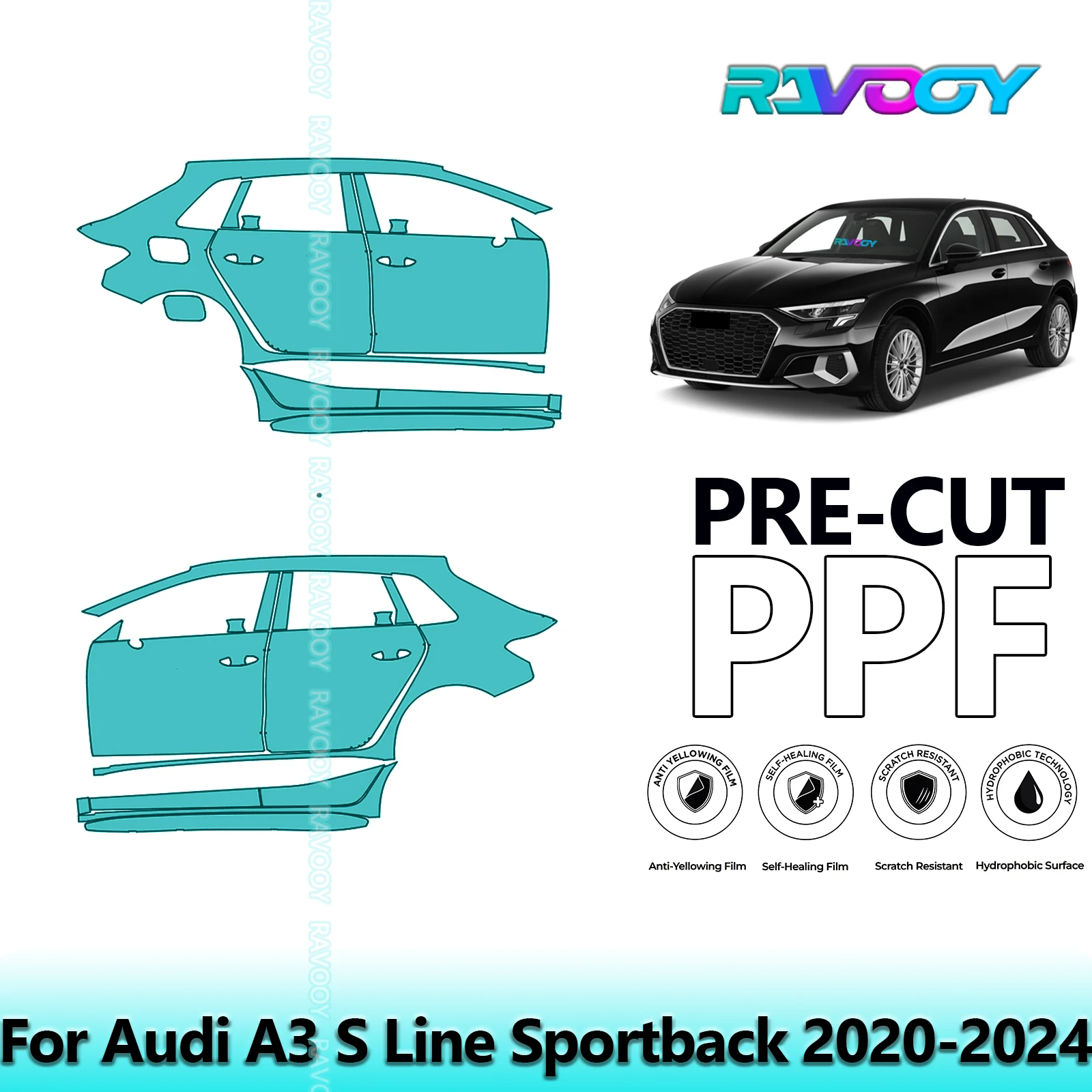 

For Audi A3 S Line Sportback 2020-2024 8.5mil Clear Matte Pre-Cut PPF Door & A/B Pillar Kit TPU Paint Protection Film Set