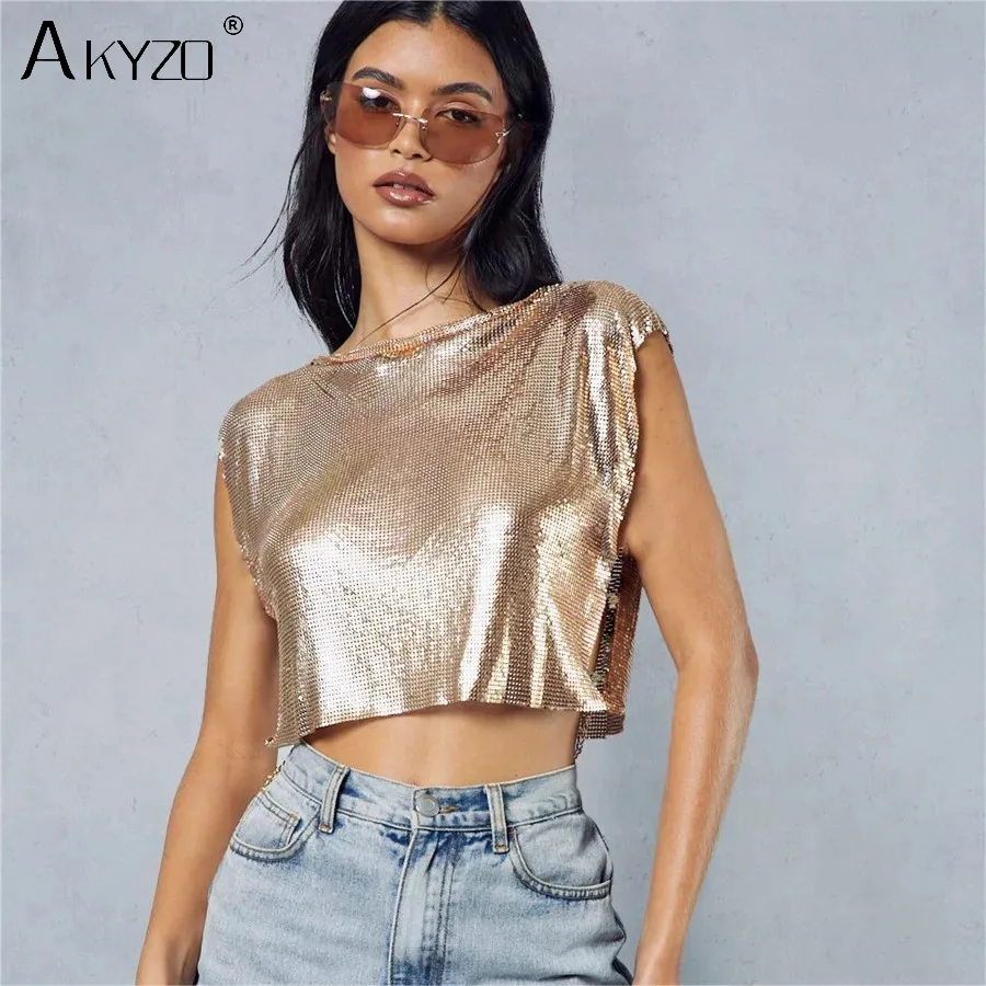 Sexy Metal Sequin Backless Party Crop Top Women Shiny Turtleneck T Shirt Adjustable Rhinestone Chain Nightculb Festival Tank Top