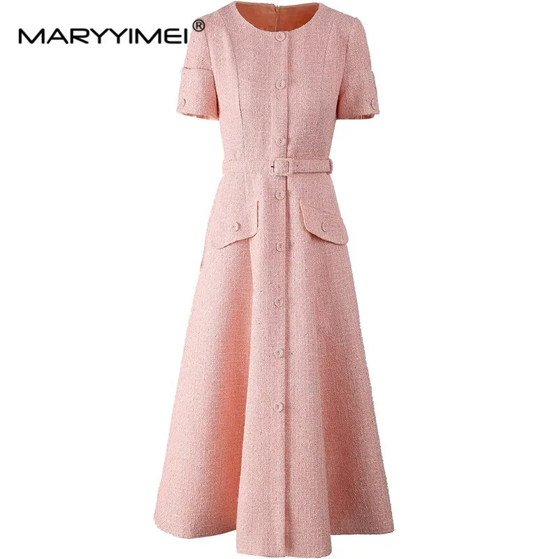 MARYYIMEI Elegant Women\'s Dress Short-Sleeved Single Breasted Sequins Romantic Daily Basic Vacation Style Dresses With Belt