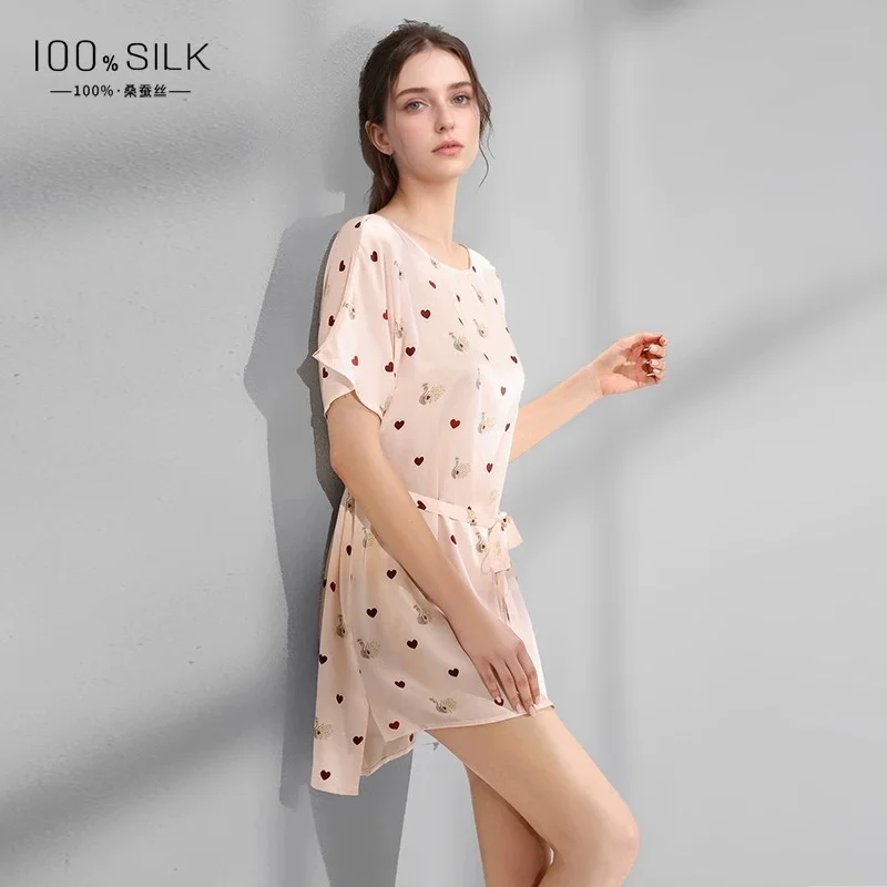 

2025 New Summer Style Women's Silk Nightdress - 100% Mulberry Silk Short-Sleeved Round-Neck Printed Dress, Loungewear Short Skir