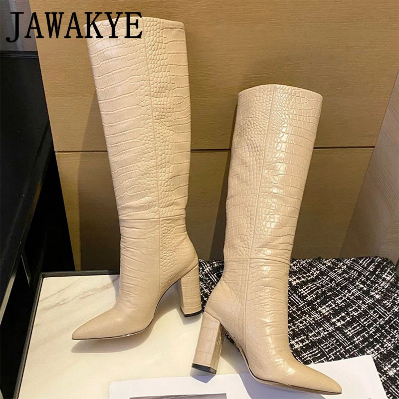 Fashion Week Snake Pattern Knee High Boots Women Pointy Toe Long Boots Autumn Sexy Runway Party Shoes High Heel Boots Women